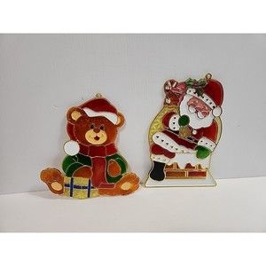 VINTAGE HARDPLASTIC Sun Catchers Christmas Bear And Santa